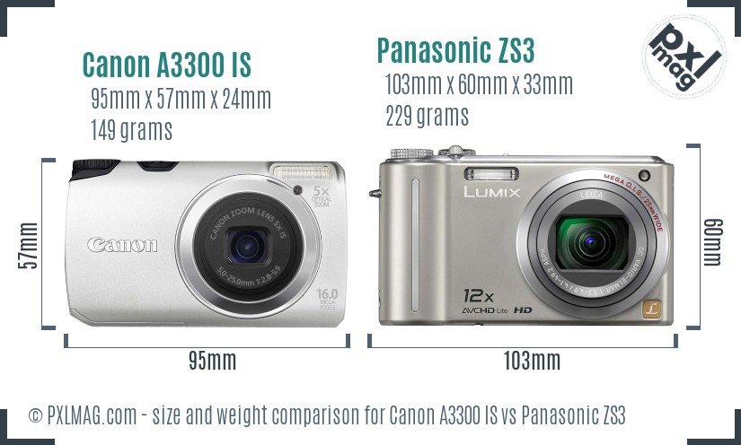 Canon A3300 IS vs Panasonic ZS3 size comparison