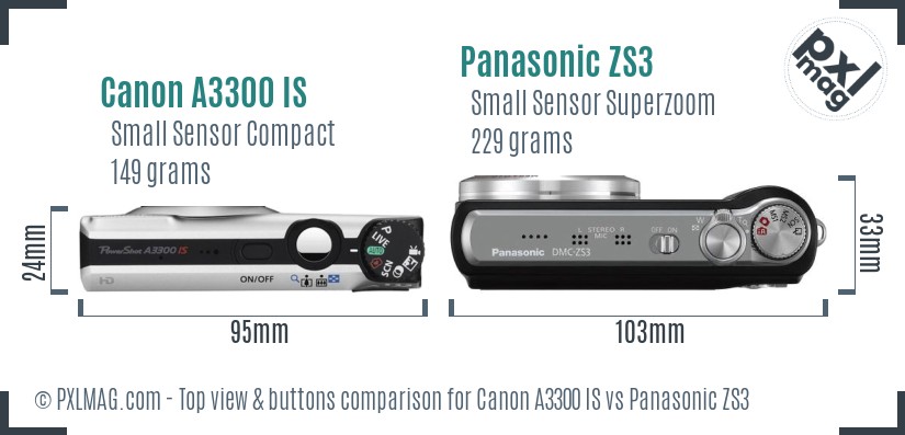 Canon A3300 IS vs Panasonic ZS3 top view buttons comparison