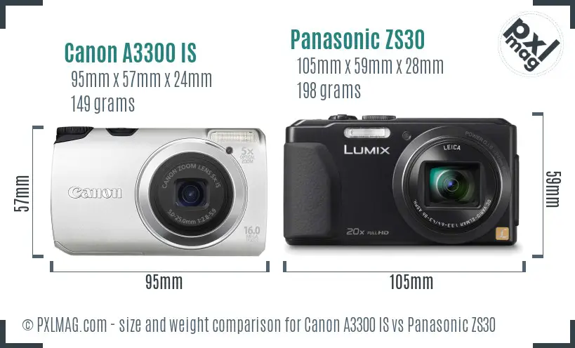 Canon A3300 IS vs Panasonic ZS30 size comparison