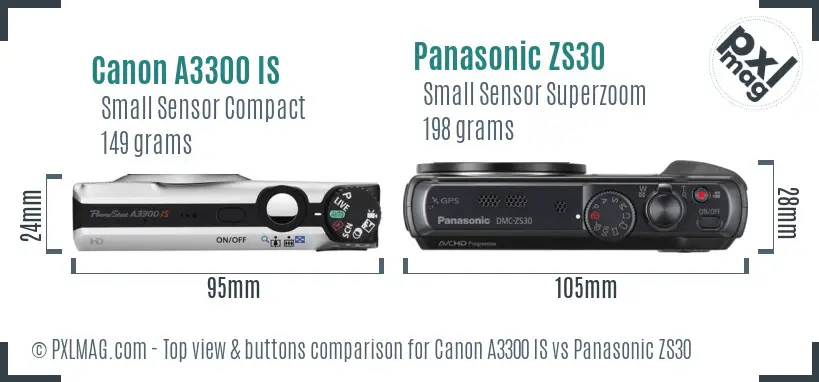 Canon A3300 IS vs Panasonic ZS30 top view buttons comparison
