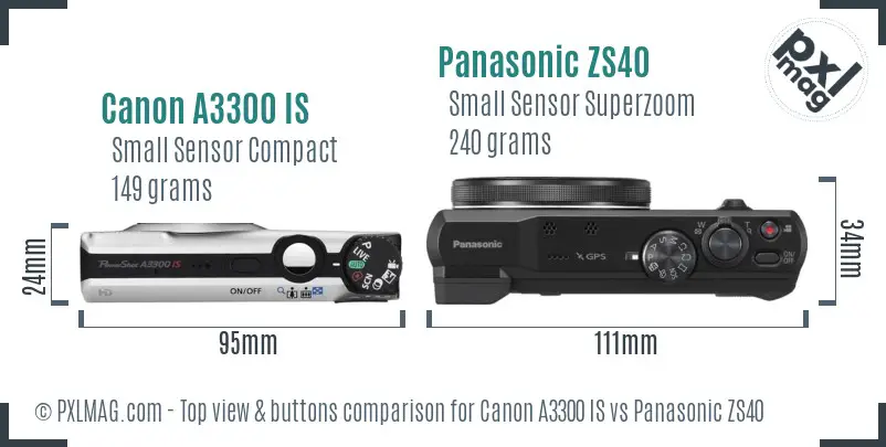 Canon A3300 IS vs Panasonic ZS40 top view buttons comparison