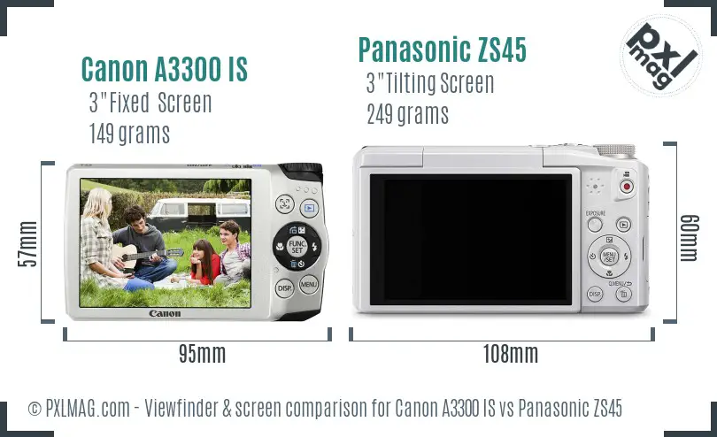 Canon A3300 IS vs Panasonic ZS45 Screen and Viewfinder comparison