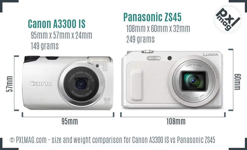 Canon A3300 IS vs Panasonic ZS45 size comparison