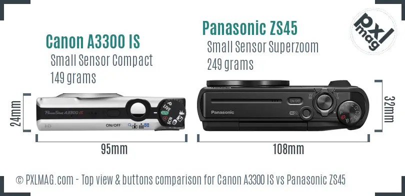 Canon A3300 IS vs Panasonic ZS45 top view buttons comparison