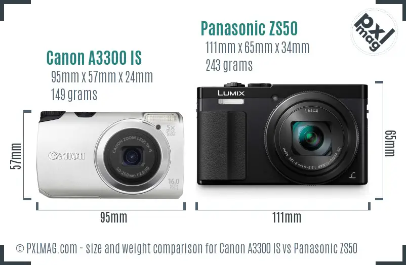 Canon A3300 IS vs Panasonic ZS50 size comparison Canon A3300 IS vs Panasonic ZS50 size comparison