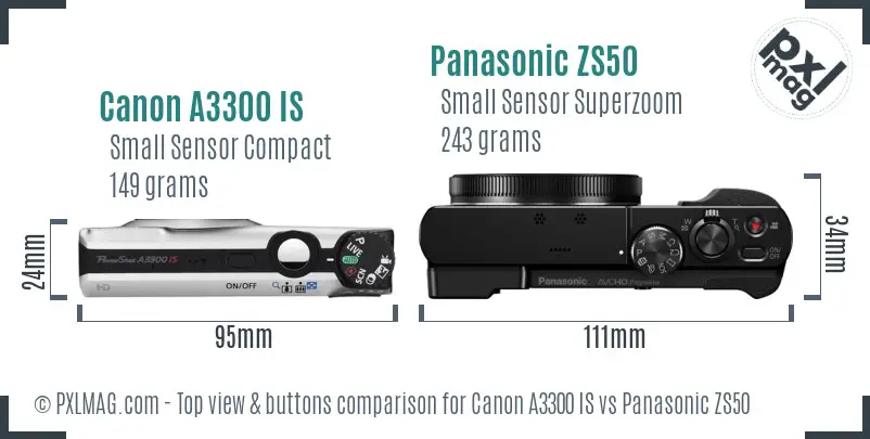 Canon A3300 IS vs Panasonic ZS50 top view buttons comparison Canon A3300 IS vs Panasonic ZS50 top view buttons comparison