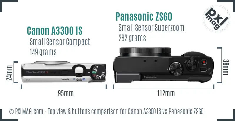 Canon A3300 IS vs Panasonic ZS60 top view buttons comparison Canon A3300 IS vs Panasonic ZS60 top view buttons comparison