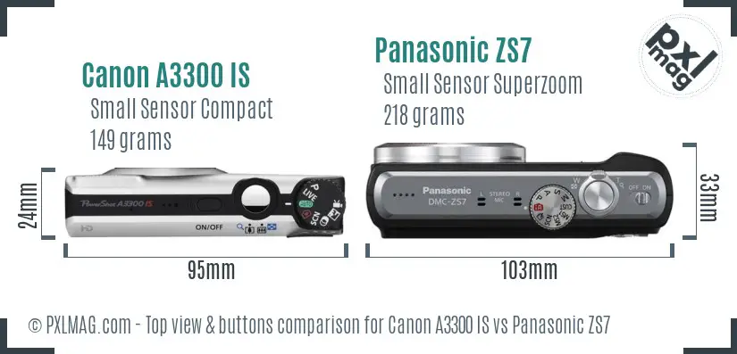 Canon A3300 IS vs Panasonic ZS7 top view buttons comparison