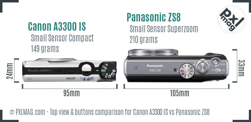 Canon A3300 IS vs Panasonic ZS8 top view buttons comparison
