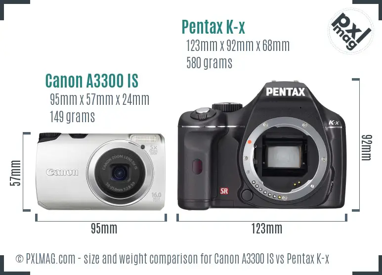 Canon A3300 IS vs Pentax K-x size comparison