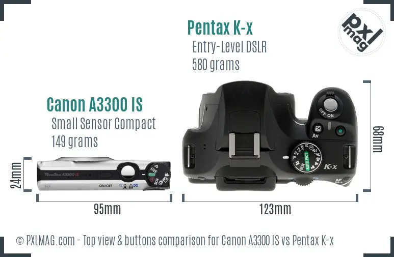 Canon A3300 IS vs Pentax K-x top view buttons comparison