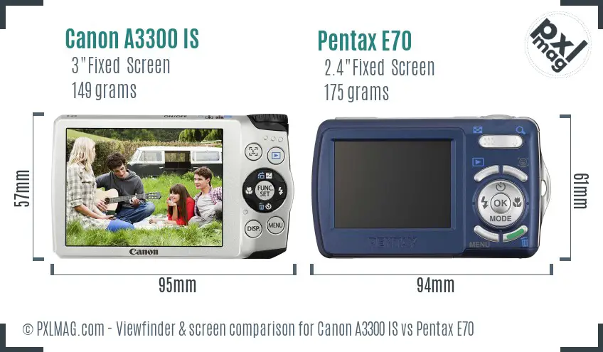 Canon A3300 IS vs Pentax E70 Screen and Viewfinder comparison