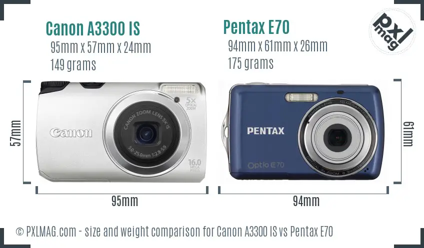 Canon A3300 IS vs Pentax E70 size comparison