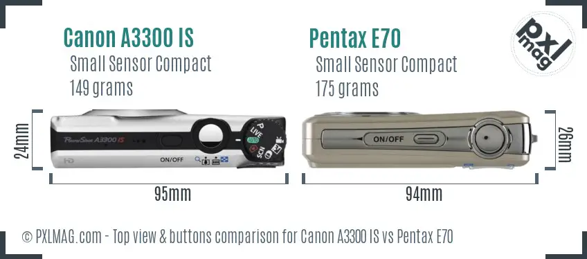 Canon A3300 IS vs Pentax E70 top view buttons comparison