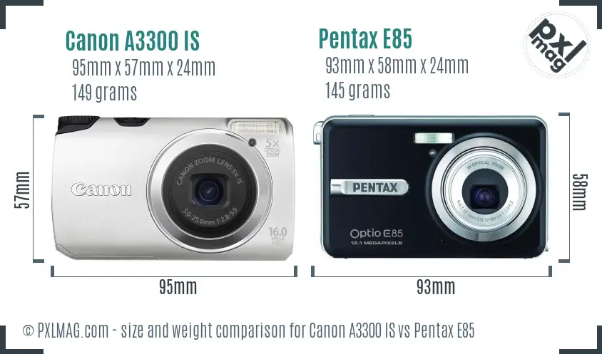 Canon A3300 IS vs Pentax E85 size comparison