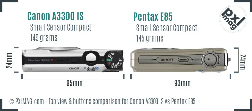 Canon A3300 IS vs Pentax E85 top view buttons comparison