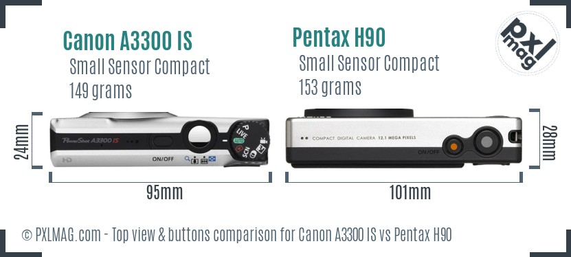 Canon A3300 IS vs Pentax H90 top view buttons comparison