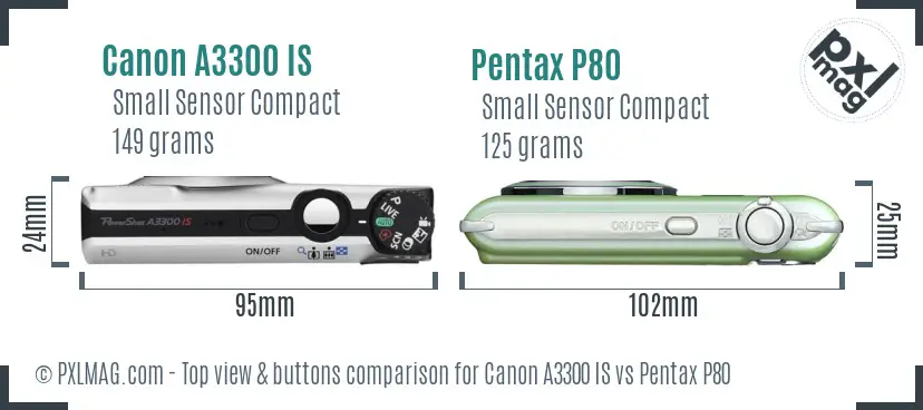 Canon A3300 IS vs Pentax P80 top view buttons comparison