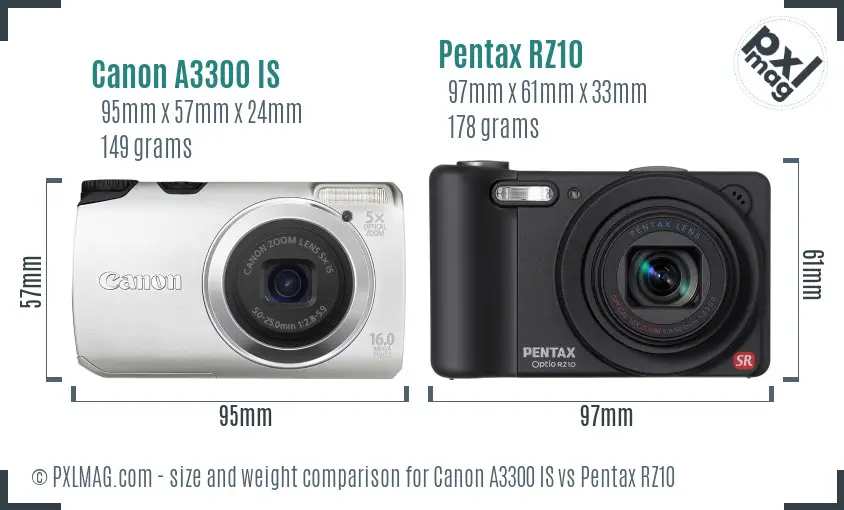 Canon A3300 IS vs Pentax RZ10 size comparison