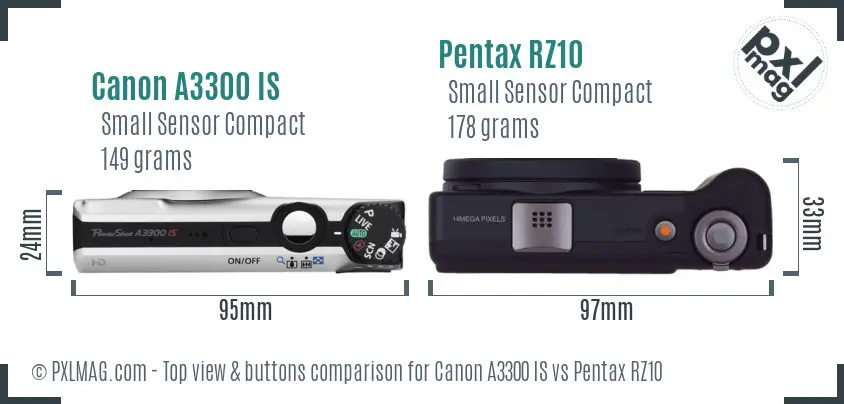 Canon A3300 IS vs Pentax RZ10 top view buttons comparison