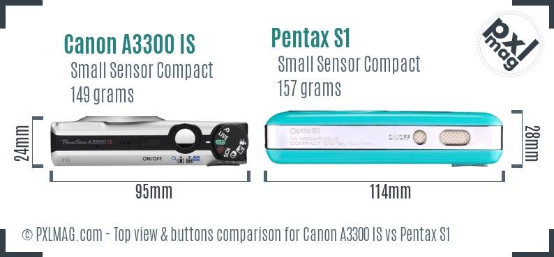 Canon A3300 IS vs Pentax S1 top view buttons comparison