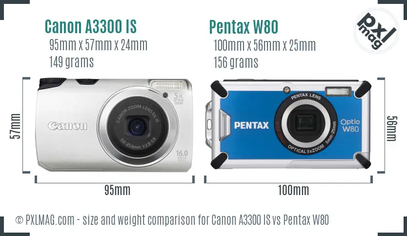 Canon A3300 IS vs Pentax W80 size comparison