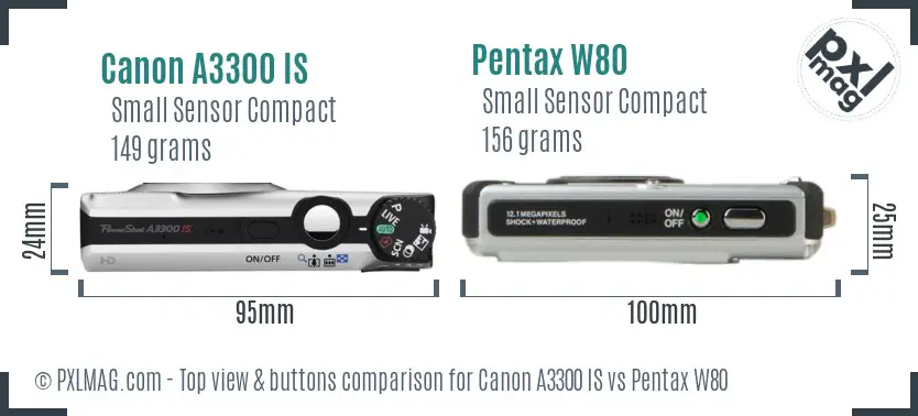 Canon A3300 IS vs Pentax W80 top view buttons comparison