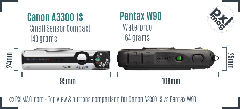 Canon A3300 IS vs Pentax W90 top view buttons comparison