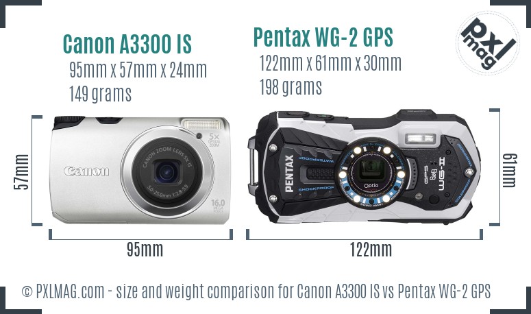 Canon A3300 IS vs Pentax WG-2 GPS size comparison