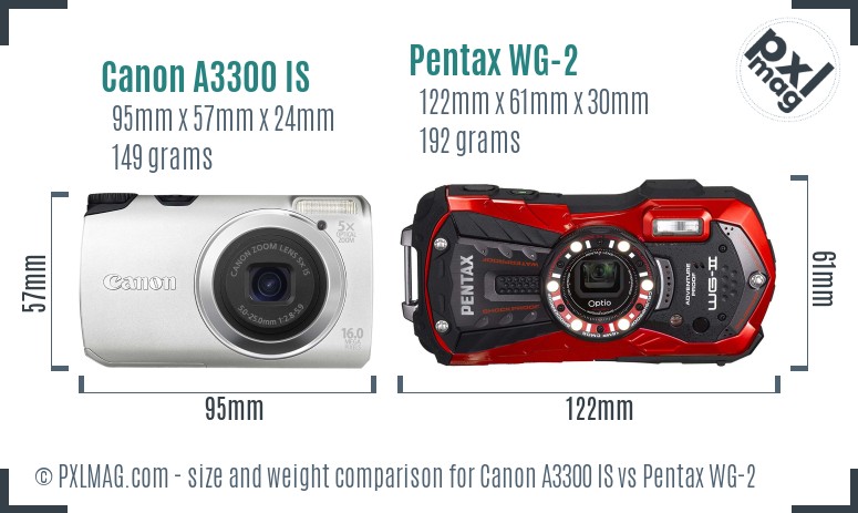 Canon A3300 IS vs Pentax WG-2 size comparison Canon A3300 IS vs Pentax WG-2 size comparison