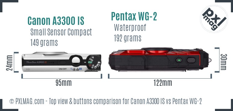 Canon A3300 IS vs Pentax WG-2 top view buttons comparison