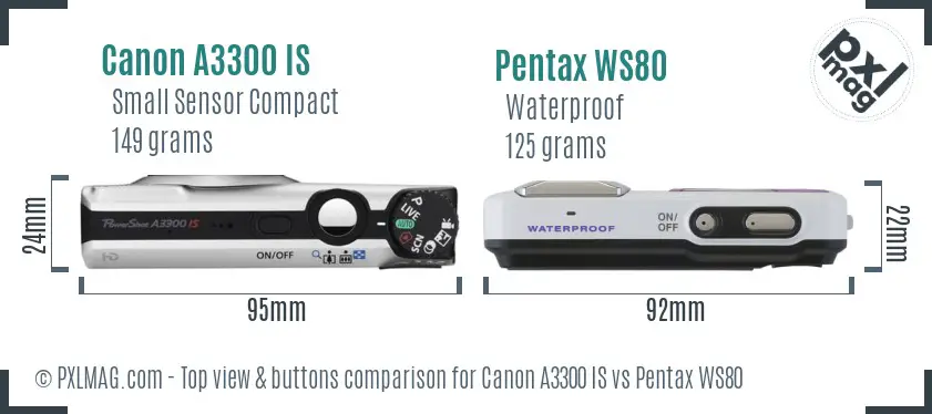 Canon A3300 IS vs Pentax WS80 top view buttons comparison Canon A3300 IS vs Pentax WS80 top view buttons comparison
