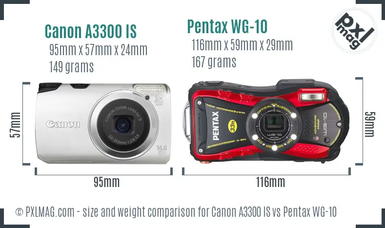 Canon A3300 IS vs Pentax WG-10 size comparison