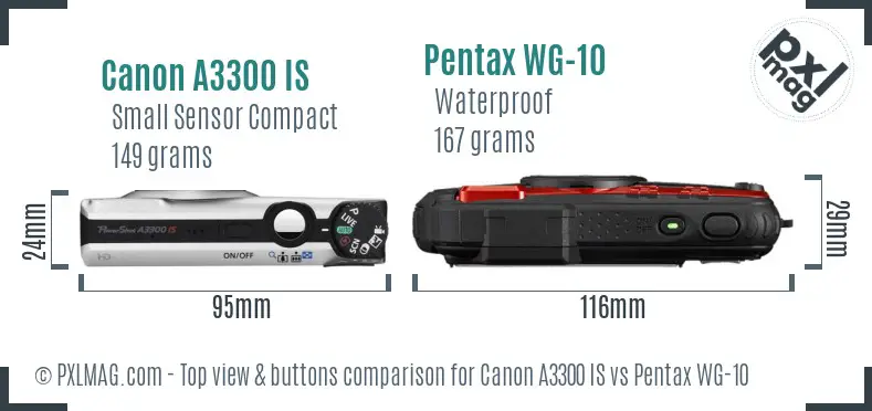 Canon A3300 IS vs Pentax WG-10 top view buttons comparison
