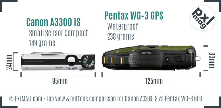 Canon A3300 IS vs Pentax WG-3 GPS top view buttons comparison Canon A3300 IS vs Pentax WG-3 GPS top view buttons comparison