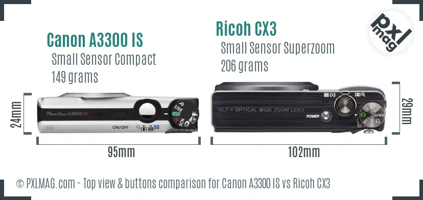Canon A3300 IS vs Ricoh CX3 top view buttons comparison
