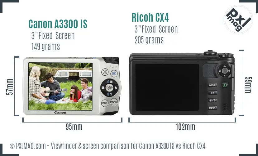 Canon A3300 IS vs Ricoh CX4 Screen and Viewfinder comparison Canon A3300 IS vs Ricoh CX4 Screen and Viewfinder comparison