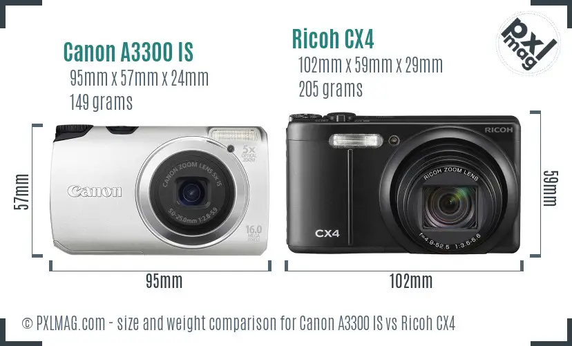 Canon A3300 IS vs Ricoh CX4 size comparison Canon A3300 IS vs Ricoh CX4 size comparison