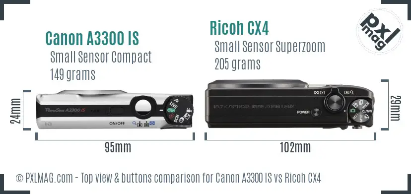 Canon A3300 IS vs Ricoh CX4 top view buttons comparison Canon A3300 IS vs Ricoh CX4 top view buttons comparison