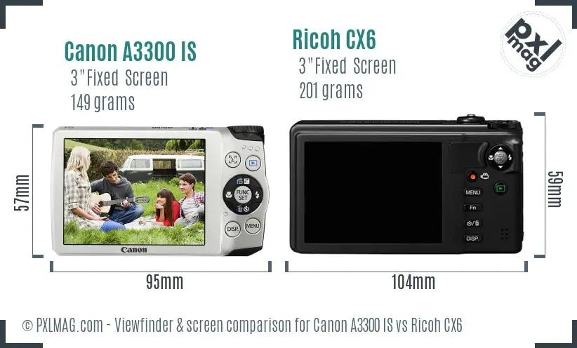 Canon A3300 IS vs Ricoh CX6 Screen and Viewfinder comparison