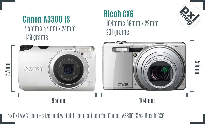 Canon A3300 IS vs Ricoh CX6 size comparison