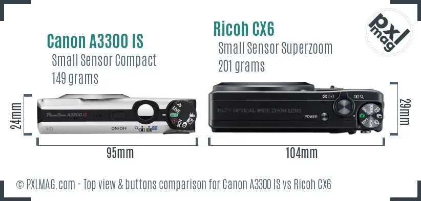 Canon A3300 IS vs Ricoh CX6 top view buttons comparison