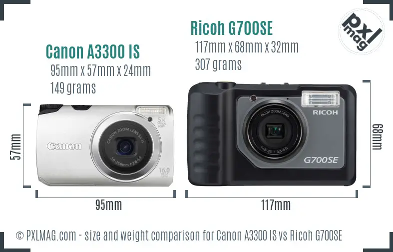 Canon A3300 IS vs Ricoh G700SE size comparison