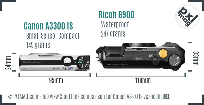 Canon A3300 IS vs Ricoh G900 top view buttons comparison