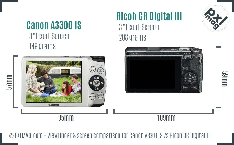 Canon A3300 IS vs Ricoh GR Digital III Screen and Viewfinder comparison Canon A3300 IS vs Ricoh GR Digital III Screen and Viewfinder comparison