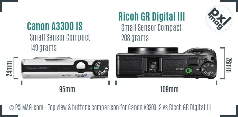 Canon A3300 IS vs Ricoh GR Digital III top view buttons comparison Canon A3300 IS vs Ricoh GR Digital III top view buttons comparison