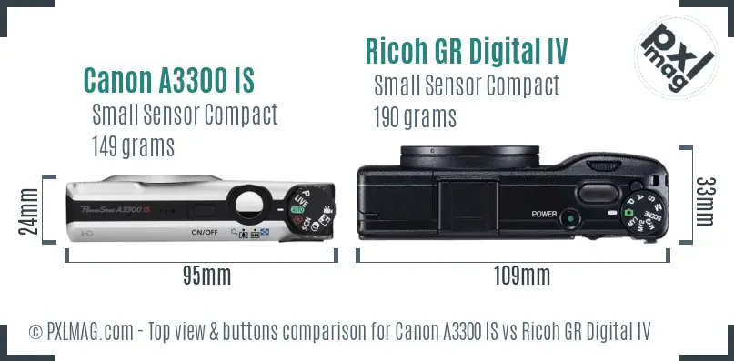 Canon A3300 IS vs Ricoh GR Digital IV top view buttons comparison