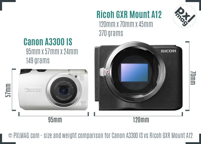 Canon A3300 IS vs Ricoh GXR Mount A12 size comparison