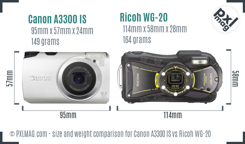 Canon A3300 IS vs Ricoh WG-20 size comparison