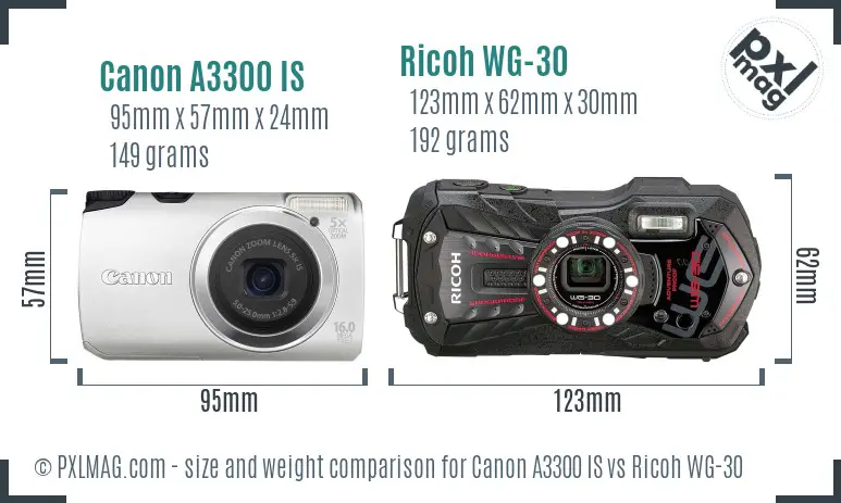 Canon A3300 IS vs Ricoh WG-30 size comparison